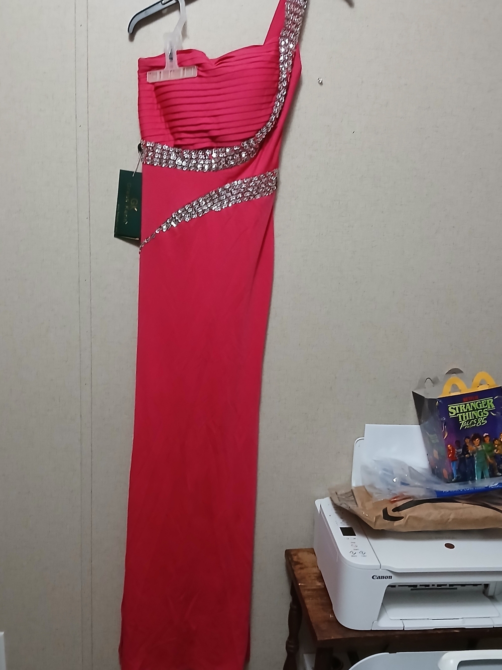 Grace Karin Hot Pink One-Shoulder Evening Gown with Sequin Accents NEW